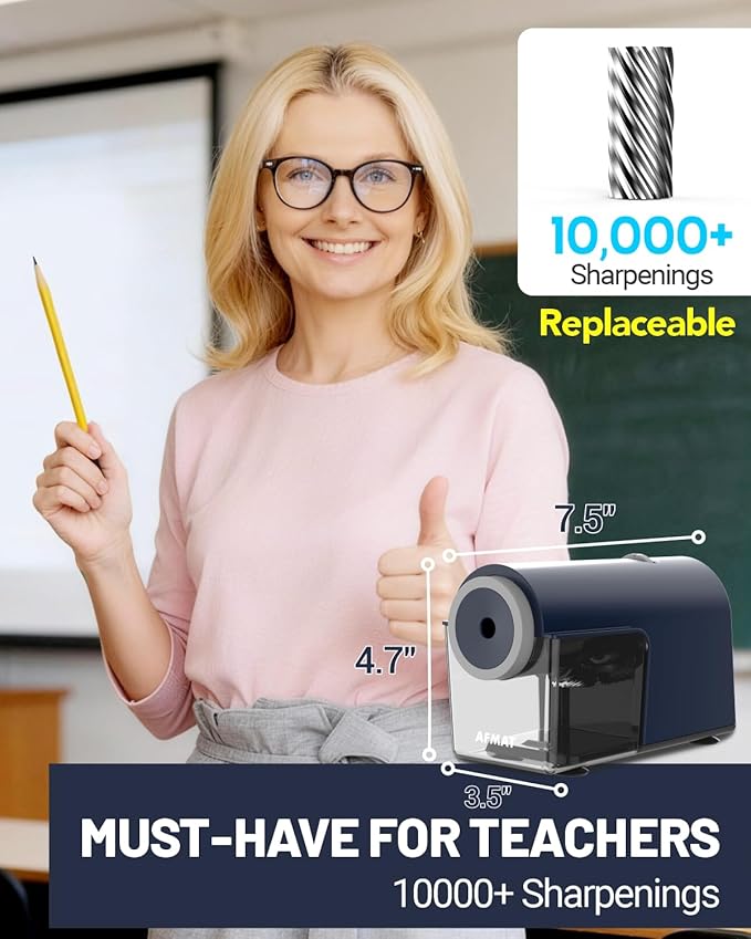 AFMAT Electric Pencil Sharpener, Fully Automatic Pencil Sharpener for 6.5-10.5mm No.2/Jumbo/Colored Pencils, Auto in & Out, 5 Sharpness Modes, 10000+ Sharpenings for Classroom Home Office, PSC5(Blue)