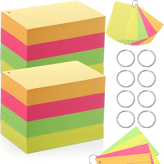 Yexiya 500 Pcs Index Cards with Rings Study Supplies Punched Lined Flash Cards with Holes Ruled Single Hole Notes and Metal Rings for Adults Office(4 x 6 Inch,Fresh Color)