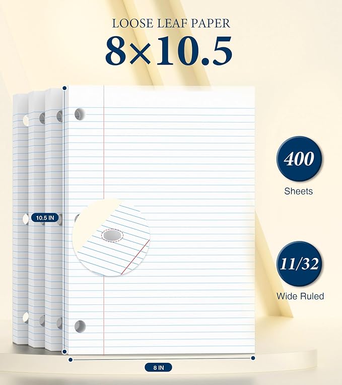 400 Sheets College Ruled Loose Leaf Paper, 3 Hole Punch Paper 8 x 10.5, Notebook Paper, 8 * 10.5 Filler Paper for 3 Ring Binders, Lined Paper College Ruled, Writing Paper With Lines