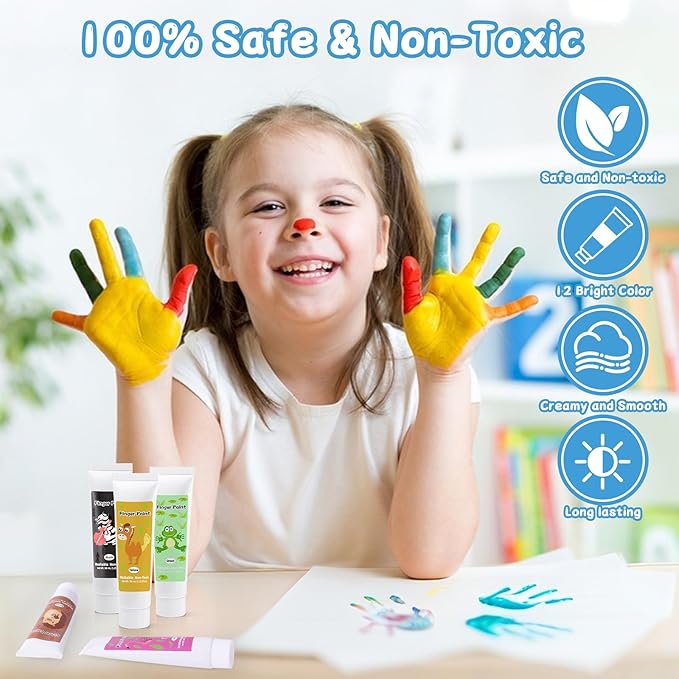 Washable Finger Paint for Toddlers 1-3, Non Toxic Kids Finger Paint Set, 12 Vibrant Colors (1.22 fl oz), Baby Safe Toddler Art Supplies, Sensory Preschool Learning Easter Gift for Boys Girls