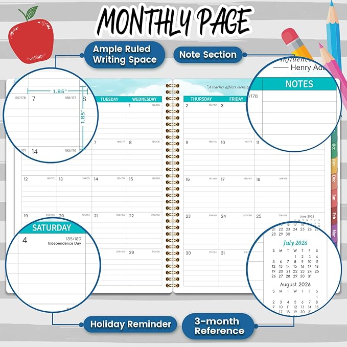 2026-2027 Teacher Planner, Lesson Planner 2026-2027, July 2026 - June 2027, 8.5" x 11", Spiral Bound, Colorful Monthly Tabs