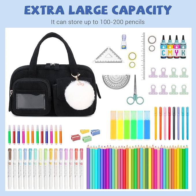 Pencil Case Corduroy Multiple Compartments Pouch Bag for Girl, Black