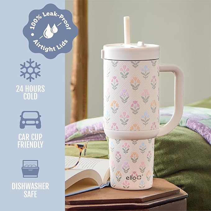 Ello Oasis 40oz Tumbler with Handle & Retracting Straw | Reusable Insulated Stainless Steel Cup 100% Leakproof | Gifts for Teens Women | Keeps Cold for 24 Hours | Cup Holder Friendly | Flower Quilt