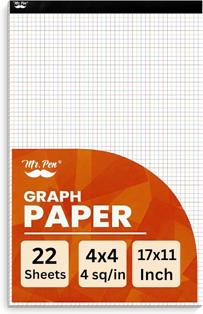 Mr. Pen- Graph Paper Pad, 17x11 Inches, 4x4 (4 Squares per Inch), 22 Sheets, Ideal for Math, Graphing and Sketching, Grid Paper for Students, Engineers, Artists