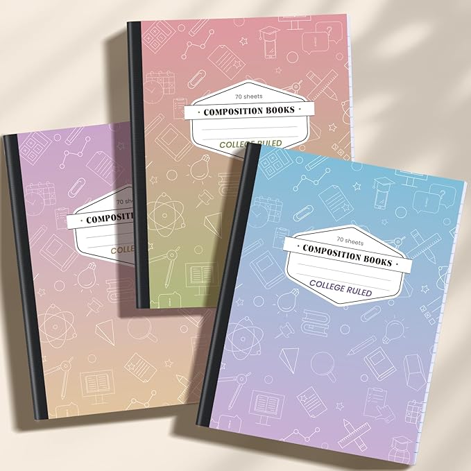 Oucaru Composition Notebook 3 Pack Wide Ruled, Gradient Cover Notebooks for School, 70 Sheets 7-1/2"x9-3/4, Back to School Supplies Journal for K-12 Students