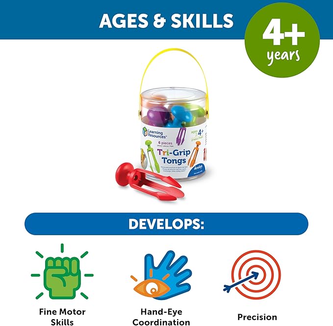 Learning Resources 3 Prong Tong, Pencil Grip Tongs, Sensory Bin, Fine Motor Toy, Set of 6, Ages 4+