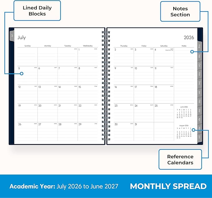 Blue Sky 2026-2027 Weekly and Monthly Academic Year Planner Calendar, July 2026 - June 2027, 7" x 9", Flexible Cover, Wirebound, Laminated Tabs, Enterprise Navy