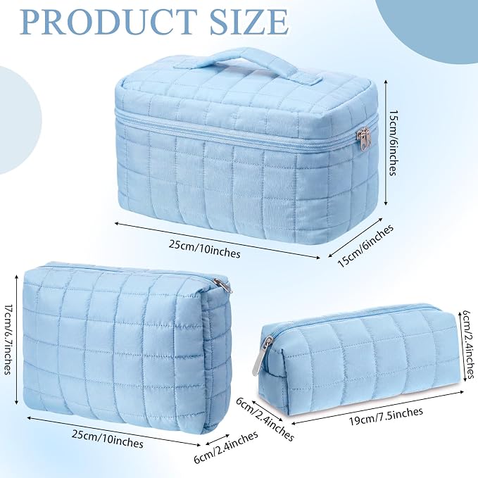 Huhumy 3 Pcs Large Puffy Makeup Bag Set Quilted Cosmetic Pouch for Women Cute Checkered Travel Toiletry Bag Puffer Makeup Organizer Purse Pouch Preppy Pencil Case with Zipper Valentine Gift(Blue)