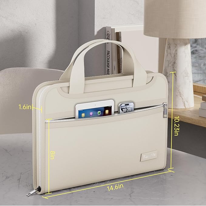 Tamfile Fireproof Accordion File Organizer with Handle, 13 Pocket Colorful Expanding File Folder with Zipper & Labels, File Folder with Multi-Pockets Paper Organizer Folder for Letter A4 Files (Beige)