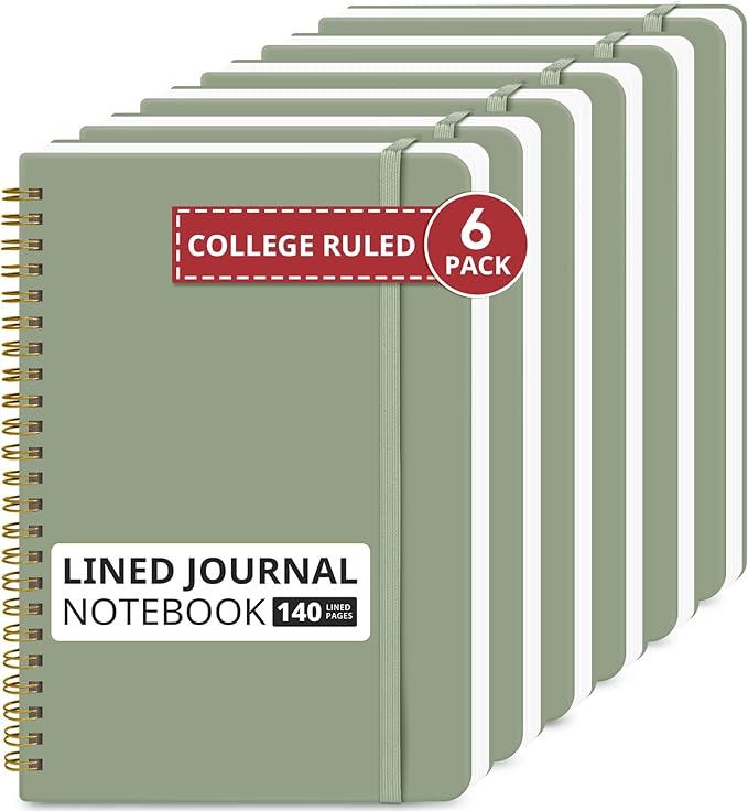Taja Lined Spiral Journal Notebook for Women & Men, 140 Pages, College Ruled Hardcover Notebook for Work & Note Taking, Journals for Writing, A5(5.7" x 7.9") -Green, 6 Pack
