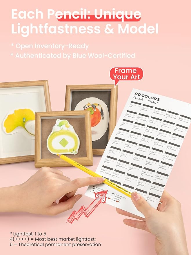 Woomer Colored Pencils: 90 Colors, 3.8mm Soft Core, Smooth as Cream, Lightfast Rating Marked on Every Pencil, Not Easy to Break, Open Inventory, Slide-Out Drawer Case