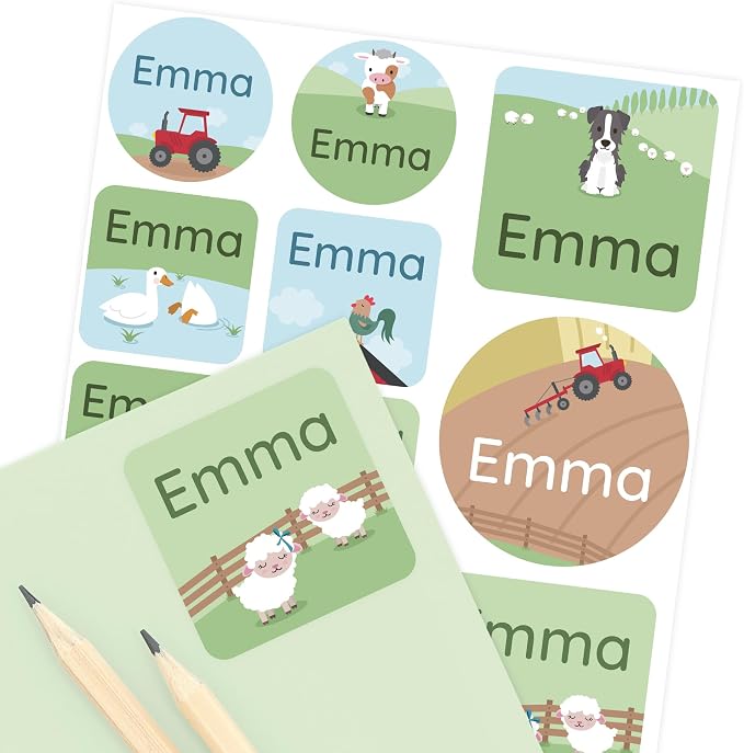 Camp Name Labels for Kids (33) – Custom Waterproof Stickers for Water Bottles, Lunch Boxes, Daycare & School with Unique Designs - Farm