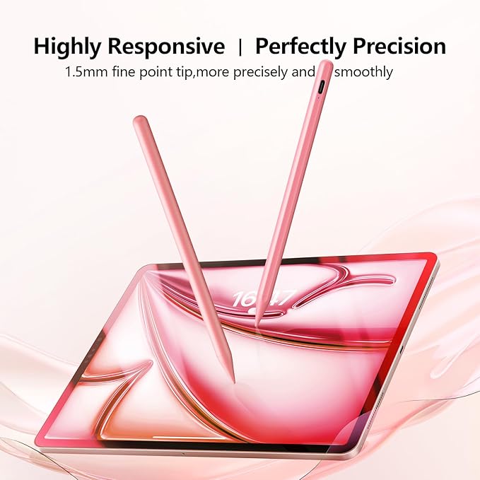 Stylus Pen for iPad 6th-11th Generation-2X Fast Charge Active Pencil Compatible with 2018-2026 Apple iPad Pro 11"/12.9"/M4, iPad Air 3/4/5/M2/M3/M4,iPad mini 5/6/7 Gen-Pink