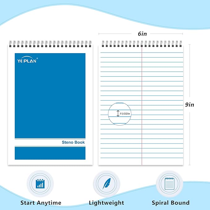 Yeplan Steno Pads Spiral Notebook 6x9 12 Pack, Top Spiral Notebook with Gregg Ruled White Paper, Notebooks & Writing Pads for School, College, Work, Office, Home, 60 Sheets, 6 Assorted Colors