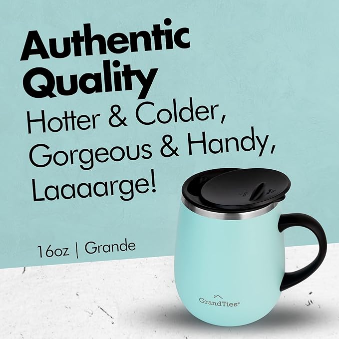GRANDTIES Insulated Coffee Mug with Handle - Sliding Lid for Splash-Proof 16 oz Wine-Glass Shape Thermal Tumbler with Double Walled Vacuum Stainless Steel to Keeps Beverages Hot or Cold (Powder Green)
