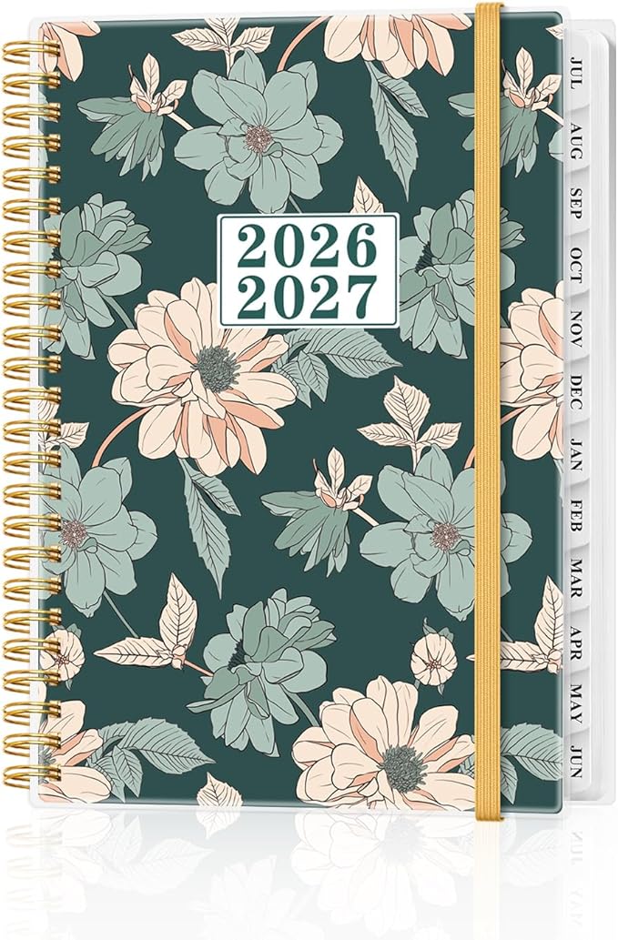 Planner 2026-2027 - Academic Planner from July 2026 to June 2027, Weekly & Monthly Planners Spiral Bound with 12-Month Tabs, Inner Pocket, 6.25" x 8.5", Green Flower