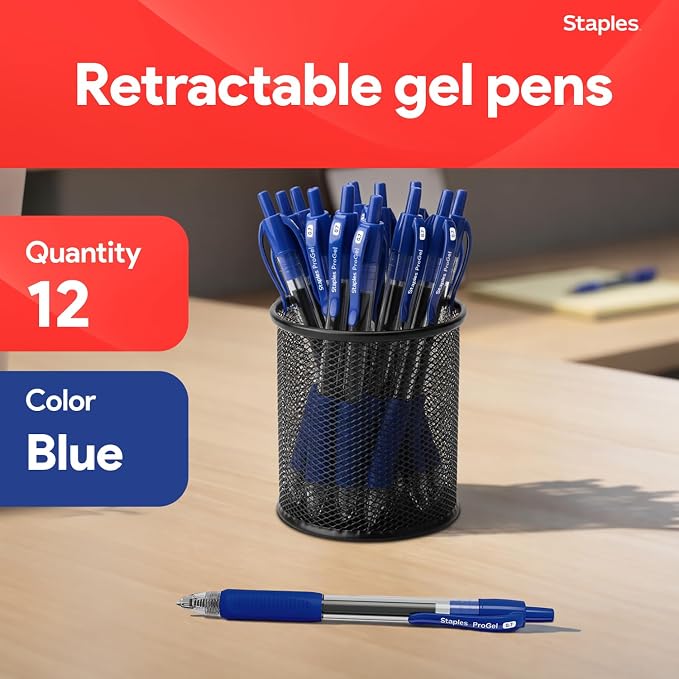 STAPLES Retractable Gel Pens, Fine Point 0.7mm, Blue Ink, 48 Pack – ProGel Smooth‑Writing Pens for Office, School & Home