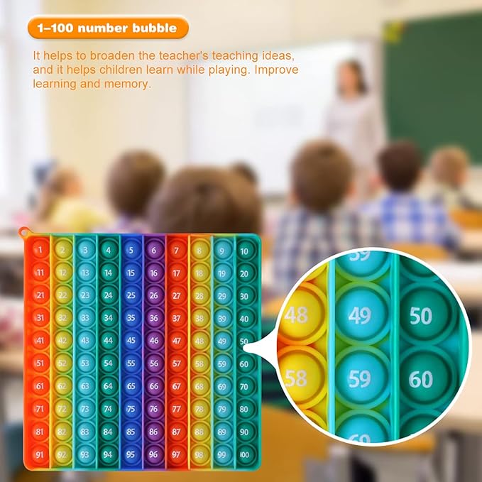 AK-SHIP 7.8in Big Size P0pp Math Toys , Rainbow Square Fidget Ttoy 100bubbles Stress Relieving Fidget Game for Teachers to Create Kinds of Math Manipulatives【with 1-100 Numbers Tables】