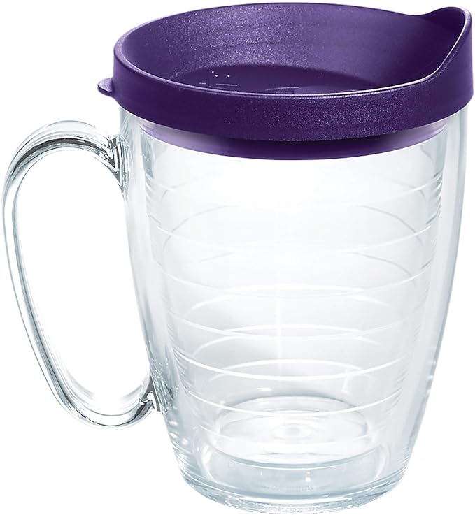 Tervis Clear & Colorful Lidded Made in USA Double Walled Insulated Tumbler Travel Cup Keeps Drinks Cold & Hot, 16oz Mug, Royal Purple Lid