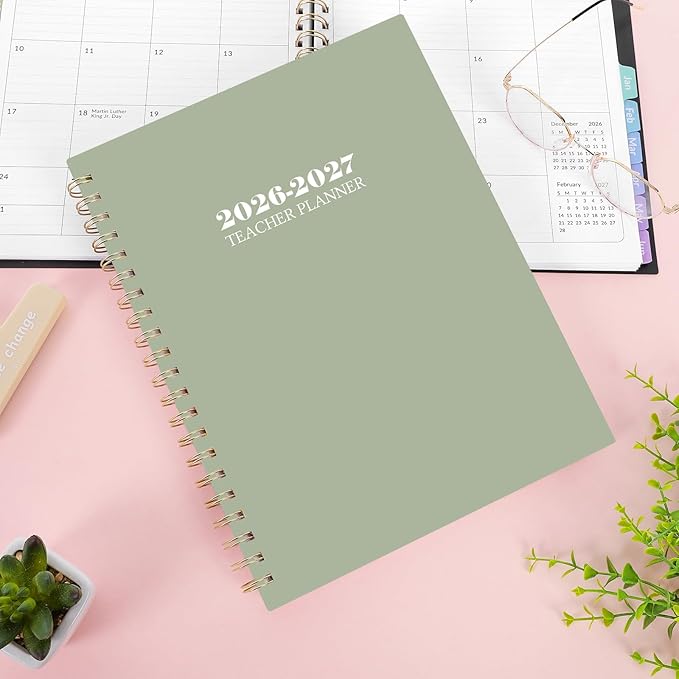 SKYDUE Teacher Planner 2026-2027 Academic Year, 8.5" x 11" Teacher Lesson Planner with Monthly Tabs & Stickers, Lesson Plan Book 26-27, Green