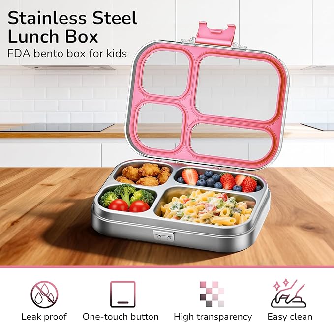 G.a HOMEFAVOR Stainless Steel Lunch Box - 4 Compartments Bento Box for Kids, Leakproof Food Container for School, Office, Dishwasher Safe, BPA-Free, 800 ml/27 oz, Pink