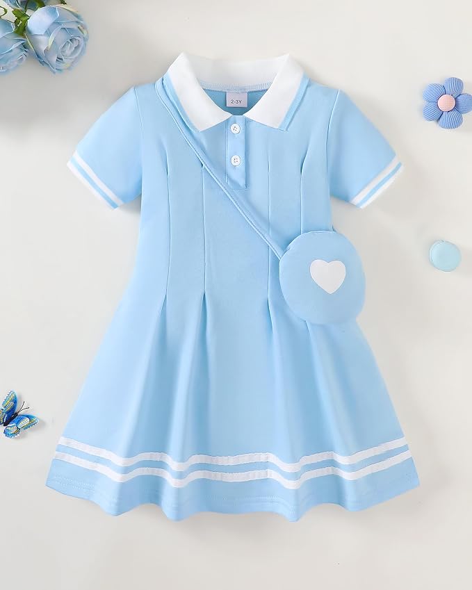 Renotemy Infant Baby Girl Dress Toddler Girls Summer Clothes School Outfits Cotton Short Sleeve Polo Dresses with Bag 12M-5T