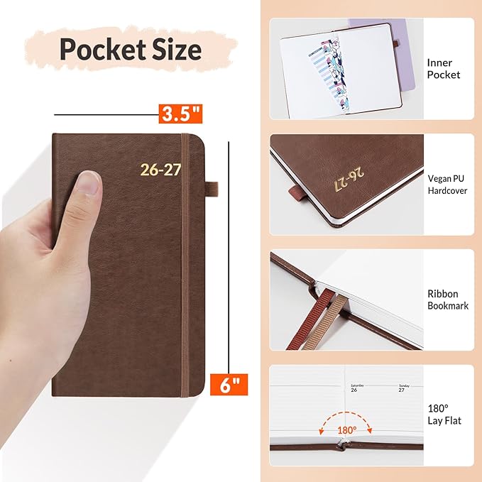 SUNEE 2026-2027 Pocket Weekly Planner for Purse 3.5" x 6" - 12 Month (July 2026 - June 2027) Academic Year Calendar, Pocket Size Planner, Hardcover, Note, 100 GSM Paper, Brown