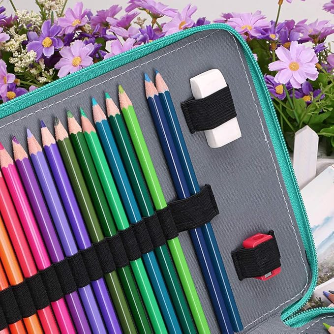 BTSKY 200 Slots Colored Pencil Organizer - Deluxe PU Leather Pencil Case Holder With Removal Handle Strap Pencil Box Large for Colored Pencils Watercolor Pencils (Green)