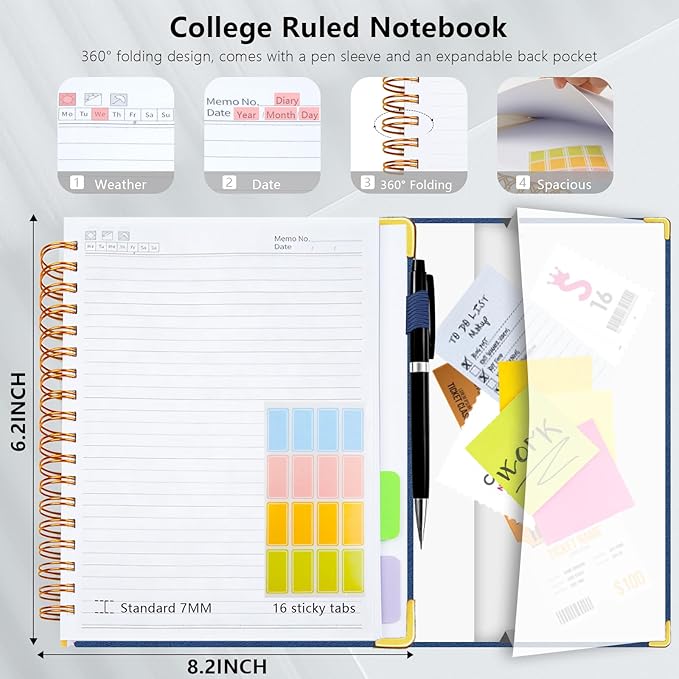 Hardcover Spiral Notebook College Ruled, 6.2"x 8.2" Leather Journal Notebook with Magnetic Closure, 300 Pages 5 Subject Notebook with Dividers Tabs Journal for Women Men, Work, School(Dark Blue)