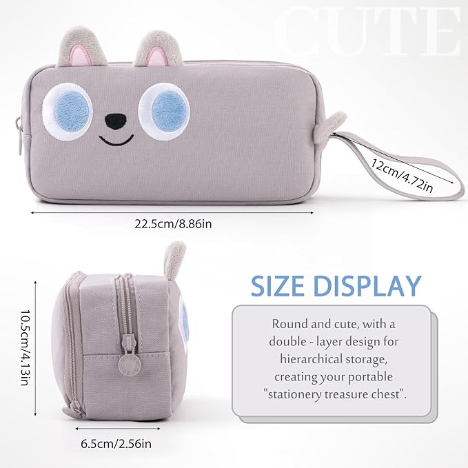 CICIMELON Cartoon Pencil Case, Large Capacity Pen Pouch with Embroidered Animal Design, School Supplies Bag for Kids, Teens, Students (Gray Dog)