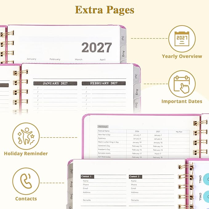 JoyCat 13-Month Academic Planner 2026-2027, June 2026 - June 2027, A5 Weekly & Monthly Planner, Hardcover Agenda with Tabs, 5 Sticker Sheets, Elastic Closure & Pocket for Teachers & Students, 6.3" x 8.5", Pink