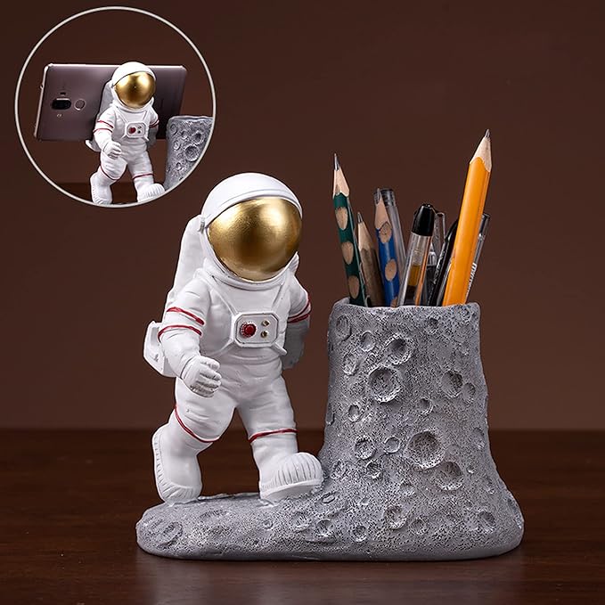 Astronaut Pen Pencil Holder with Phone Stand, Resin Spaceman Pen Container Cell Phone Stand for home Office Desktop Decoration, Gifts for Space Lovers, Gifts for Christmas