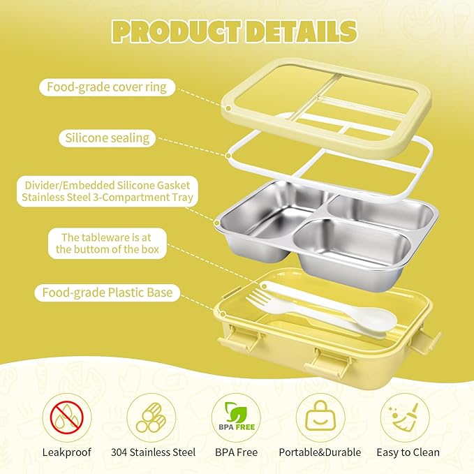 Stainless Steel Lunch Box Kids, 3 Compartments Leak Proof Metal Bento Box, Snack Containers with Condiment Cup, Food Storage Containers With Utensils and Small Cleaning Brush Set, Yellow