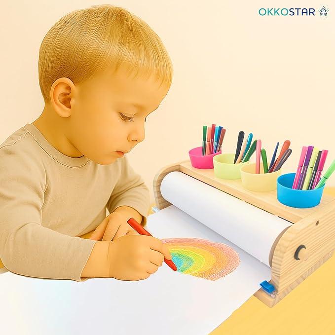 Wooden Tabletop Paper Roll Dispenser with Safety Sliding Cutter - Kids Art Easel with Roll of Paper (11.4”x 98.4ft)- Pencil Cups and Drawing Kit 30 Piece Set (Safety Sliding Cutter)