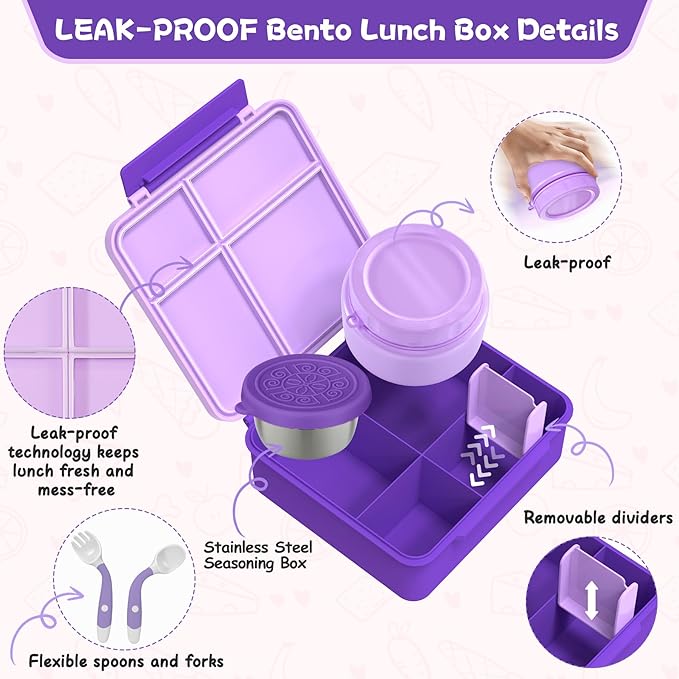 Aimsnk Kids Bento Lunch Box with 8oz Soup Thermo, Kids Leakproof Lunch Food Containers with 4 Compartment,Insulated Hot Food Jar with Lunch Bag for School, Travel (Purple)