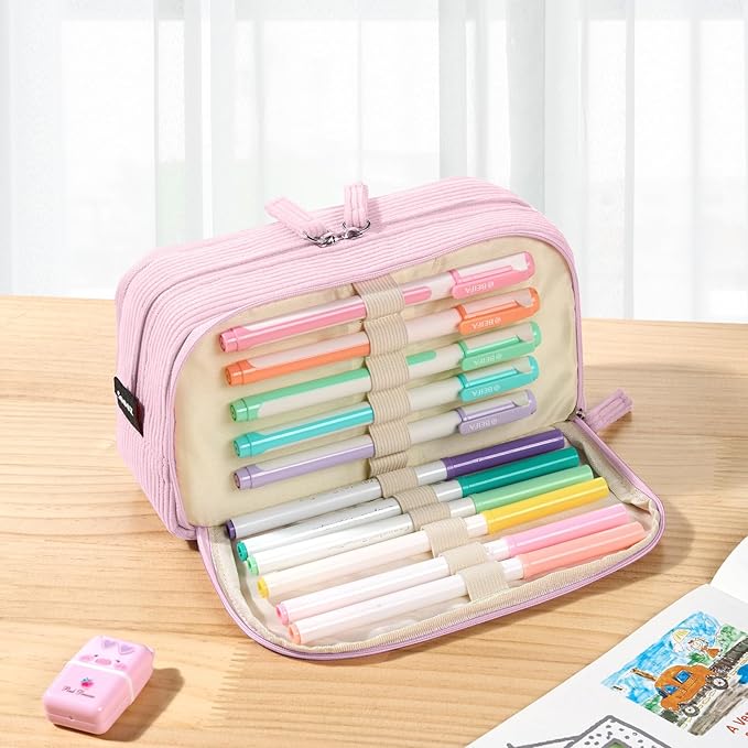 Sooez Big Capacity Pencil Case Pen Pouch, Soft Corduroy Pencil Bag with 3 Compartment, Multiple Pockets, Sturdy Zipper, Cute School Supplies Pen Bag Organizer For Teen Girls College, Pink