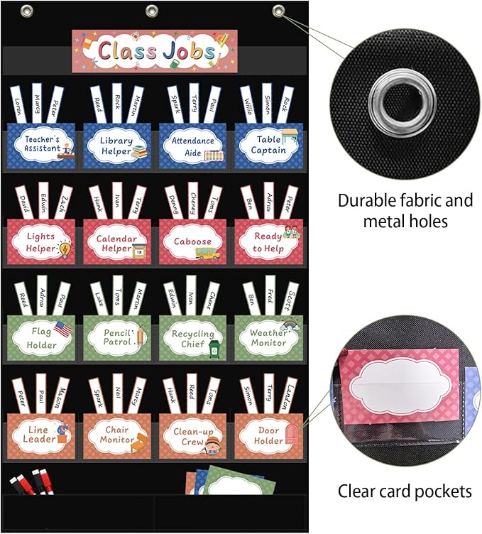 REGELETO Class Jobs Pocket Chart with 17 Pockets and 2 Storage Bags,73 Cards Class Management Educational Pocket Chart Teacher's Helper Size: 32.6" L x 19.6 H Bulletin Board for Classroom (Black)