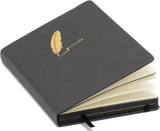 EVERLINEA 5.6” x 8.3” Embossed Quill A5 Hardcover Notebook, 240 Dotted Pages, Black Graphite