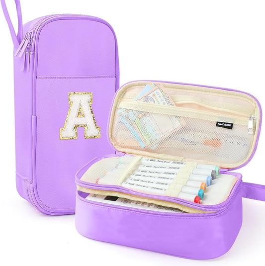 Large Pencil Case,Big Capacity Pencil Pouch,Personalized Initial Pencil Bag with smooth zipper,Multiple Pockets,Cute Aesthetic Stationery Pen Case Bag for Teen Girls College (Purple, A)