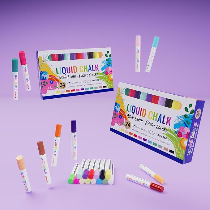 24 Colors Liquid Chalk Markers Dry&Wet Erase for Blackboard, Whiteboard, Chalkboard, Calendar, Chalk Marker with 6mm Reversible Tip for Car, Window, Glass, Auto, Paint and Drawing Washable Chalk Pens