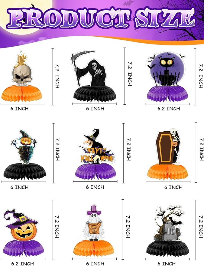Halloween Table Decorations - 9Pcs Halloween Centerpieces for Tables Black Orange Honeycomb Centerpieces Pumpkin Ghost Witch Cat Table Topper for Spooky Birthday Party Supplies