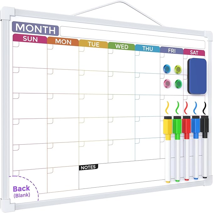 MaxGear Small Monthly Calendar Dry Erase Board for Wall, 16"x12" Hanging Double-Sided White Board with 5 Markers & 4 Magnets, Portable Whiteboard for Home, Office, Planning, Drawing, Memo, to Do List