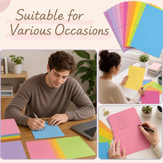 gisgfim 100 Sheets 3 Hole Punched Lined Refill Paper 8 x 10.5 Inch Loose Leaf Paper 3-Ring Binders College Ruled Notebooks Planner Inserts Thicken for Writing School Office Home Supplies(Colorful)