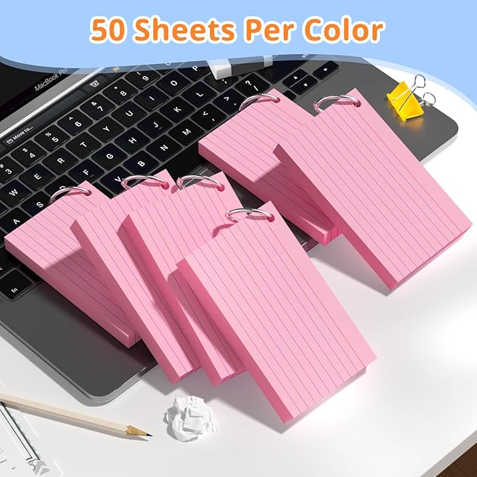 Index Cards 3x5 Inches, 300 PCS, Pink Flash Cards With Ring, Punched Lined Study Card Ruled Flashcards Notecards, Ruled Front And Blank Back, Note Card for School, College And Home