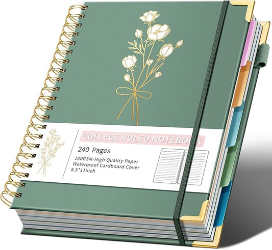 Hardcover Spiral Notebooks 8.5" X 11" Note Taking 5 Subject Notebook College Ruled with Dividers 240 Pages 100GSM Aesthetic Spiral Notebook for Work School Cute Journals for Women Writing