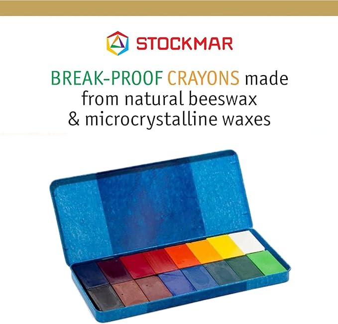 STOCKMAR Wax Block Crayons, 16 Assorted Colors in Tin Case – Beeswax-Based Art Crayons with Lightfast Pigments, Durable Blocks for Artistic Techniques, Drawing, Coloring, Layering - Artist Supplies