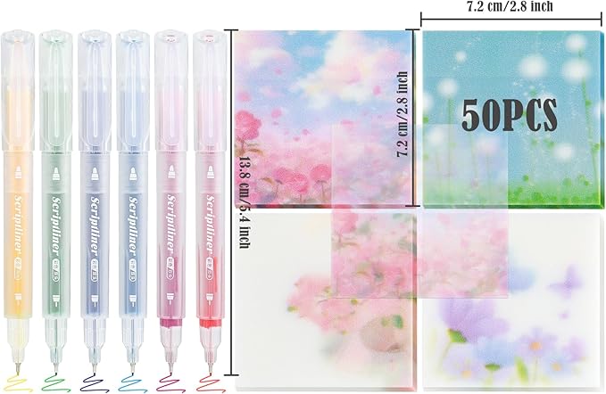BAYTORY 200 Sheets Transparent Sticky Notes, 6Pcs Double-Ended Colored Marker Pen, 3 x 3 Glitter Clear Sticky Notes, Waterproof Self-Stick Note, Easy to Post for Note Taking (Flower)