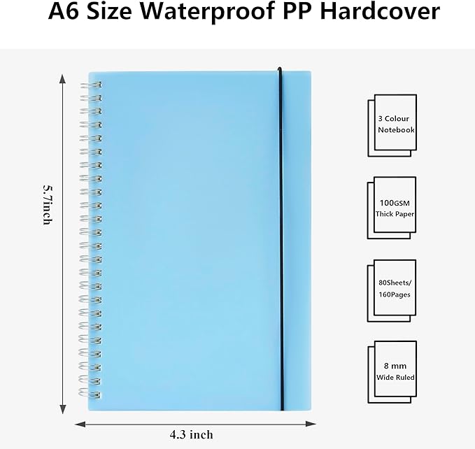 3 Pack Small Notebook, A6 Wide Ruled Spiral Notebook 4.3" x 5.7", 100gsm 8mm Ruled Page, 80 Sheets/160 Pages, Small Spiral Notebook for School, Office, Sketch