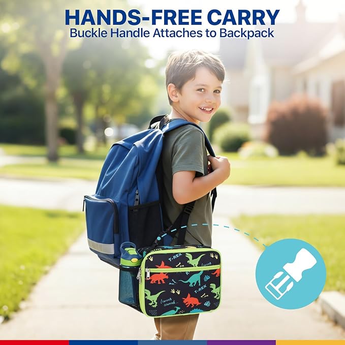 Bagseri Kids Lunch Bag Boys - Thermal Insulated Lunch Box Tote with Water Bottle Holder, Reusable Leak-Proof Kids Lunch Box for Daycare & School, Black Dinosaur (Containers Not Included)
