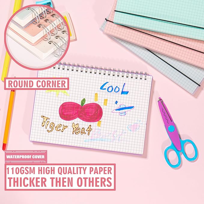 OWSC 4 Pack Graph Notebook, 5.9 x 8.3 Inches Spiral Notebooks for Work, School and Journal with 110 GSM Graph Paper, Small Notebook with 80 Sheets/160 Pages, Hardcover Grid Paper Notebook